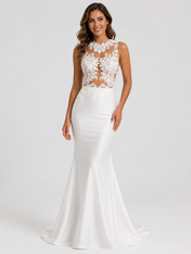Elegant High-Neck Illusion Lace Crepe Mermaid Wedding Dress with Sweep Train