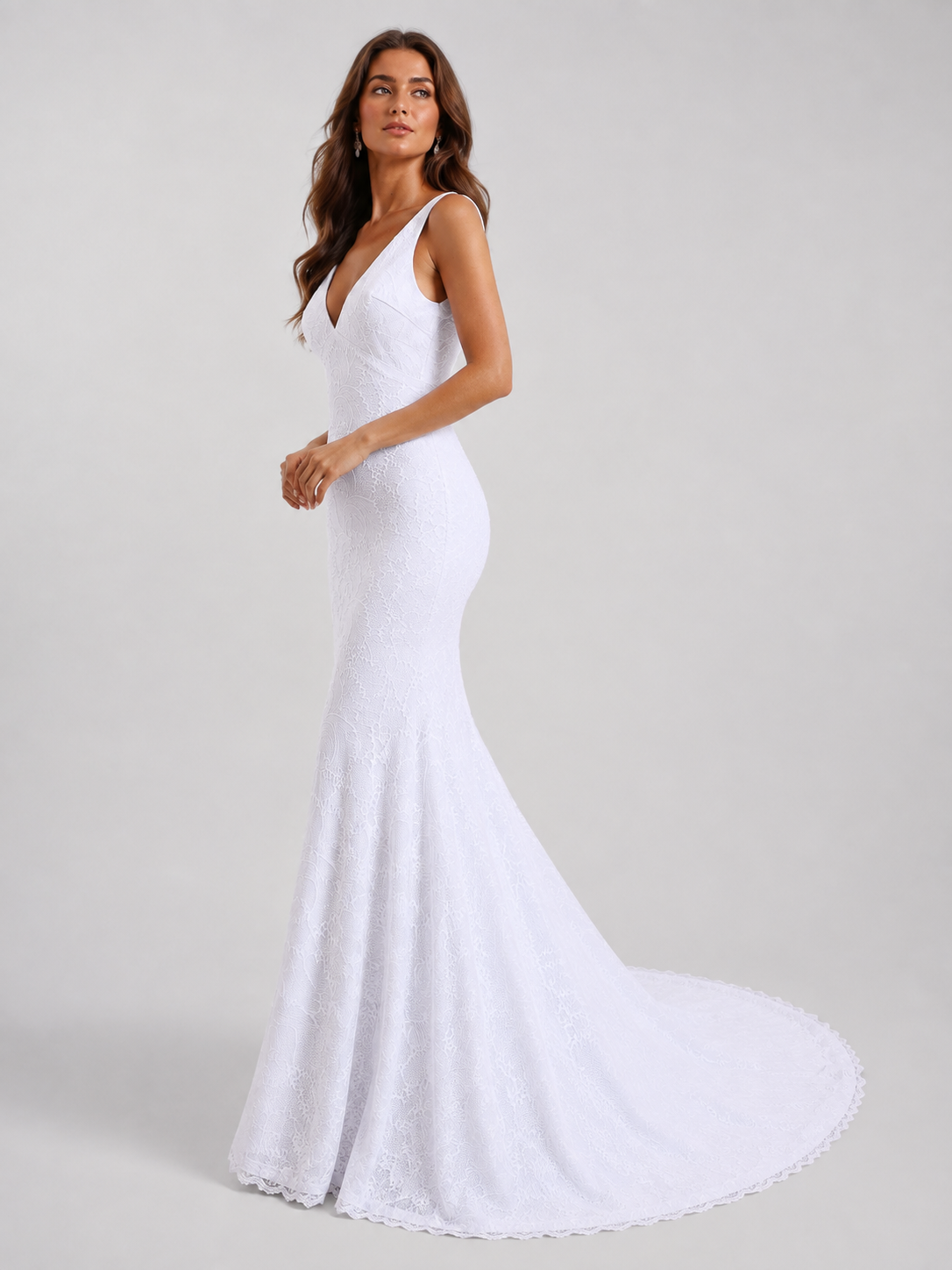 Elegant Deep V-Neck Lace Sheath Wedding Dress with Low Back and Sweep Train