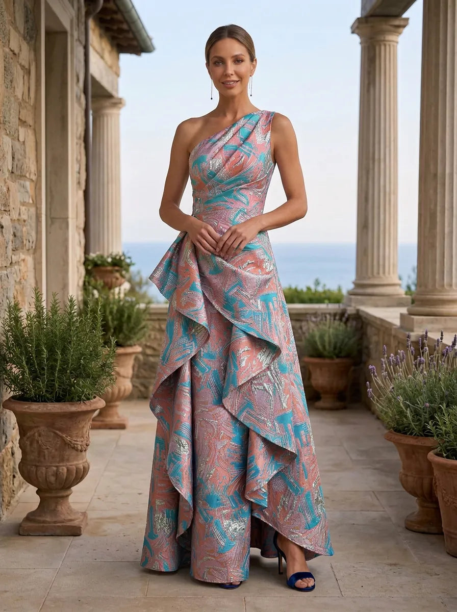 One-Shoulder Abstract Metallic Brocade Cascading Mother of the Bride Dress