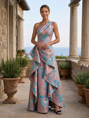 One-Shoulder Abstract Metallic Brocade Cascading Mother of the Bride Dress