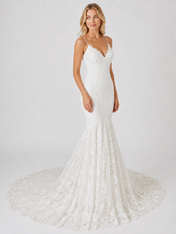 Elegant Spaghetti Strap V-Neck Lace Mermaid Wedding Dress with Chapel Train