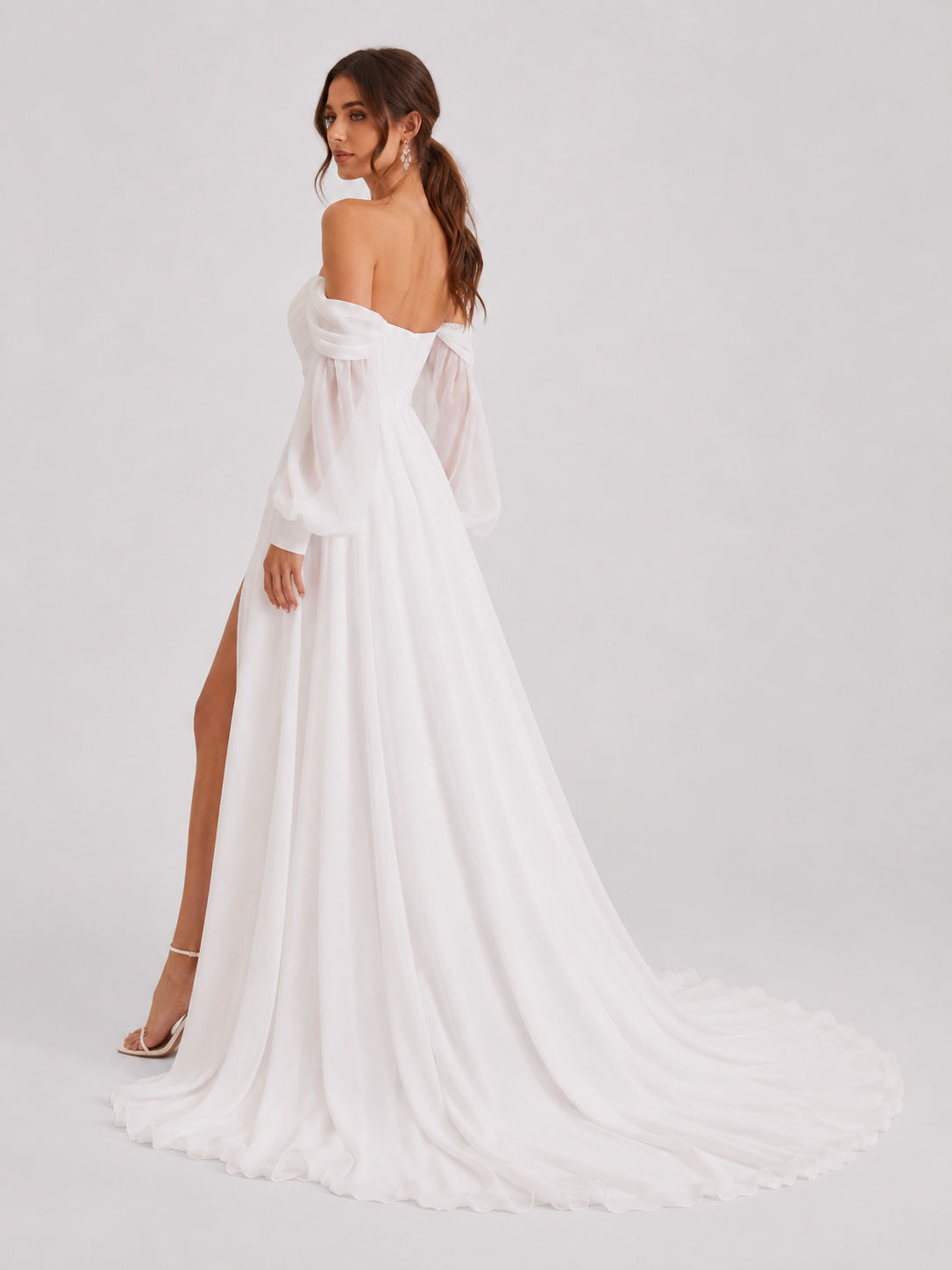 Elegant Off-the-Shoulder Long Sleeve Ruched Chiffon A-Line Wedding Dress with High Slit and Chapel Train