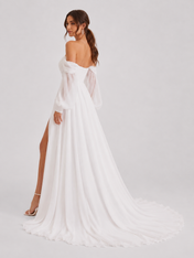 Elegant Off-the-Shoulder Long Sleeve Ruched Chiffon A-Line Wedding Dress with High Slit and Chapel Train