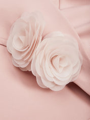 Pink 3D Floral V Neck Short Sleeve Sheath Midi Dress