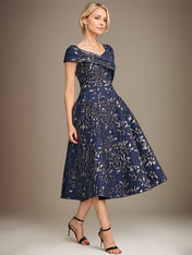 A-Line V-Neck Tea-Length Jacquard Floral Mother of the Bride Dress