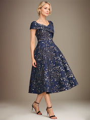 A-Line V-Neck Tea-Length Jacquard Floral Mother of the Bride Dress