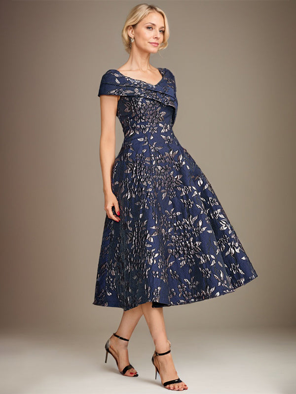 A-Line V-Neck Tea-Length Jacquard Floral Mother of the Bride Dress