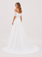 Elegant Off-the-Shoulder Ruched Tulle A-Line Wedding Dress with Chapel Train