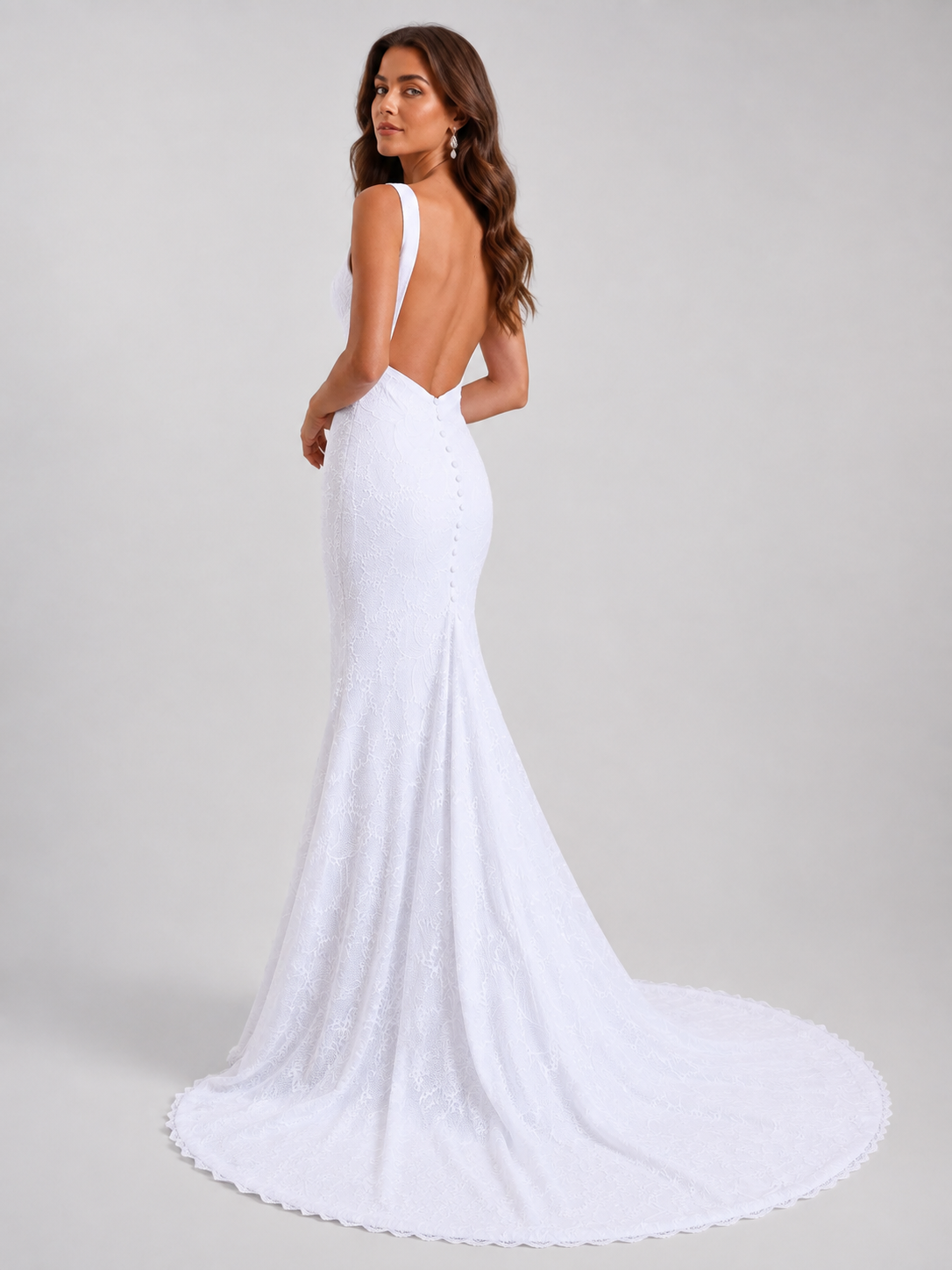 Elegant Deep V-Neck Lace Sheath Wedding Dress with Low Back and Sweep Train