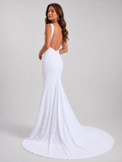 Elegant Deep V-Neck Lace Sheath Wedding Dress with Low Back and Sweep Train