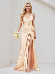 Champagne Satin V Neck Sleeveless V Back Dress With High Slit
