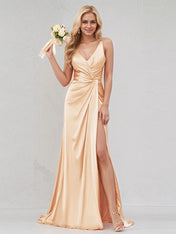 Champagne Satin V Neck Sleeveless V Back Dress With High Slit