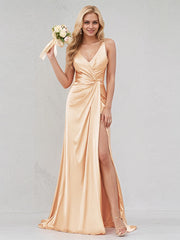Champagne Satin V Neck Sleeveless V Back Dress With High Slit