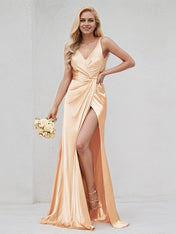 Champagne Satin V Neck Sleeveless V Back Dress With High Slit