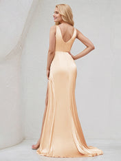 Champagne Satin V Neck Sleeveless V Back Dress With High Slit
