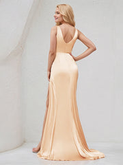 Champagne Satin V Neck Sleeveless V Back Dress With High Slit