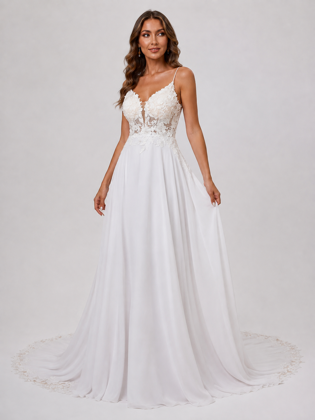 Elegant V-Neck Spaghetti Strap Lace Appliquéd Chiffon A-Line Wedding Dress with Low Back and Chapel Train