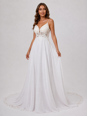 Elegant V-Neck Spaghetti Strap Lace Appliquéd Chiffon A-Line Wedding Dress with Low Back and Chapel Train