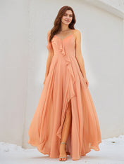 Orange Chiffon Spaghetti Straps Sleeveless Floor Length Dress With High Slit