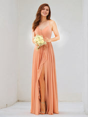Orange Chiffon Spaghetti Straps Sleeveless Floor Length Dress With High Slit