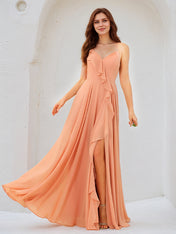 Orange Chiffon Spaghetti Straps Sleeveless Floor Length Dress With High Slit