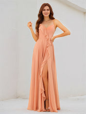 Orange Chiffon Spaghetti Straps Sleeveless Floor Length Dress With High Slit