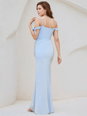 Sky Blue Satin Off the Shoulder Floor Length Dress With Bow Sleeves