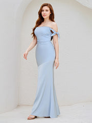 Sky Blue Satin Off the Shoulder Floor Length Dress With Bow Sleeves