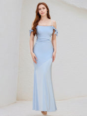 Sky Blue Satin Off the Shoulder Floor Length Dress With Bow Sleeves