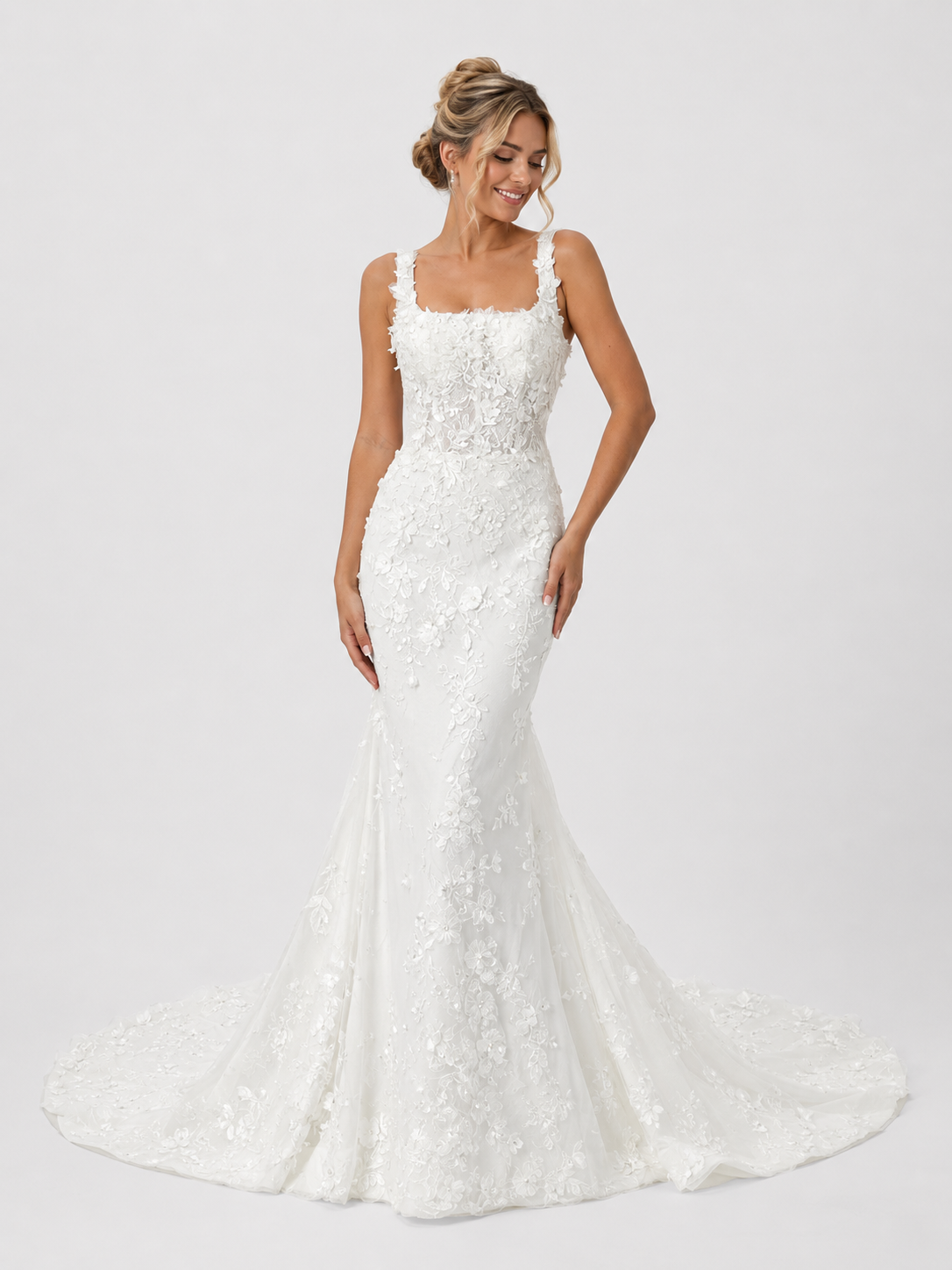 Elegant Square Neckline 3D Floral Applique Mermaid Wedding Dress with Detachable Overskirt and Chapel Train