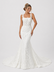 Elegant Square Neckline 3D Floral Applique Mermaid Wedding Dress with Detachable Overskirt and Chapel Train
