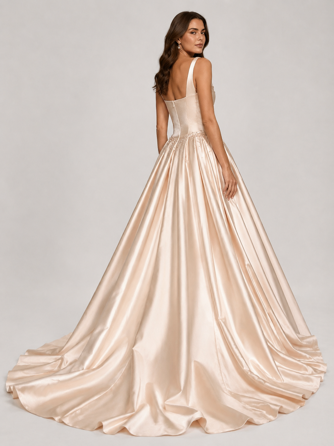 Elegant Beaded Cowl Neck Satin A-Line Wedding Dress with Chapel Train