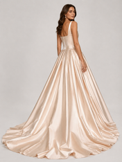 Elegant Beaded Cowl Neck Satin A-Line Wedding Dress with Chapel Train