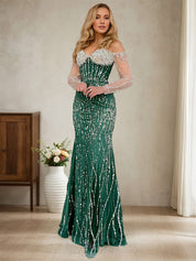 Sparkly Champagne Mermaid Off the Shoulder Long Prom Dress With Corset