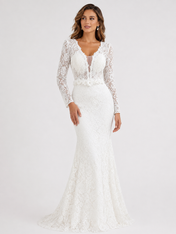 Elegant Long Sleeve V-Neck Illusion Lace Mermaid Wedding Dress with Chapel Train