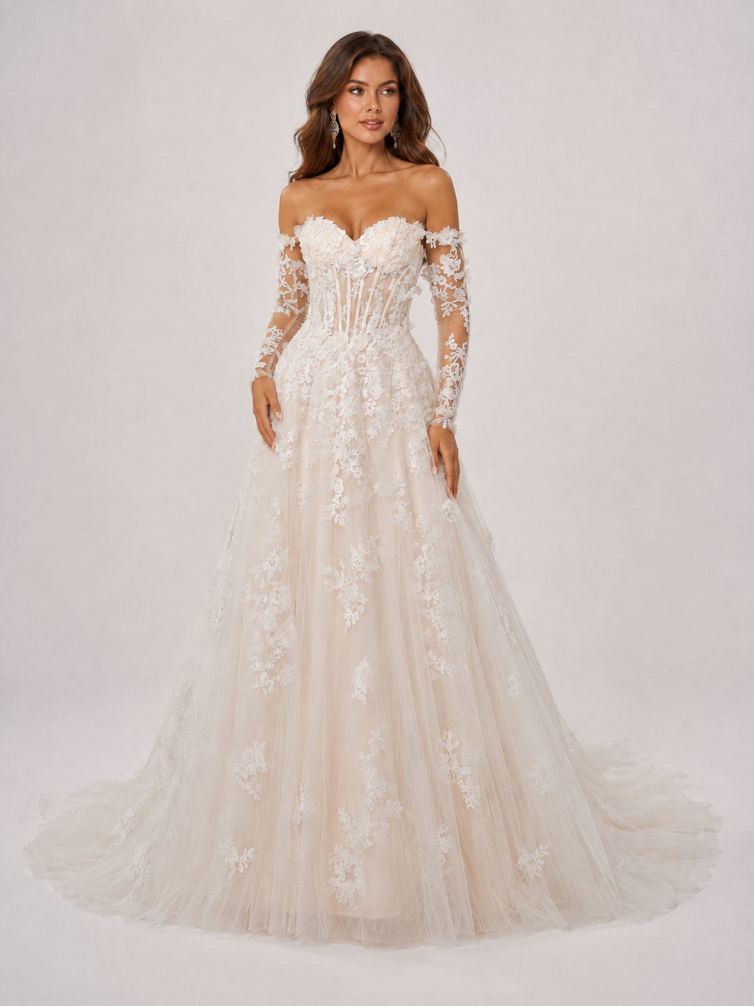 Elegant Off-the-Shoulder Lace Applique Tulle A-Line Wedding Dress with Chapel Train