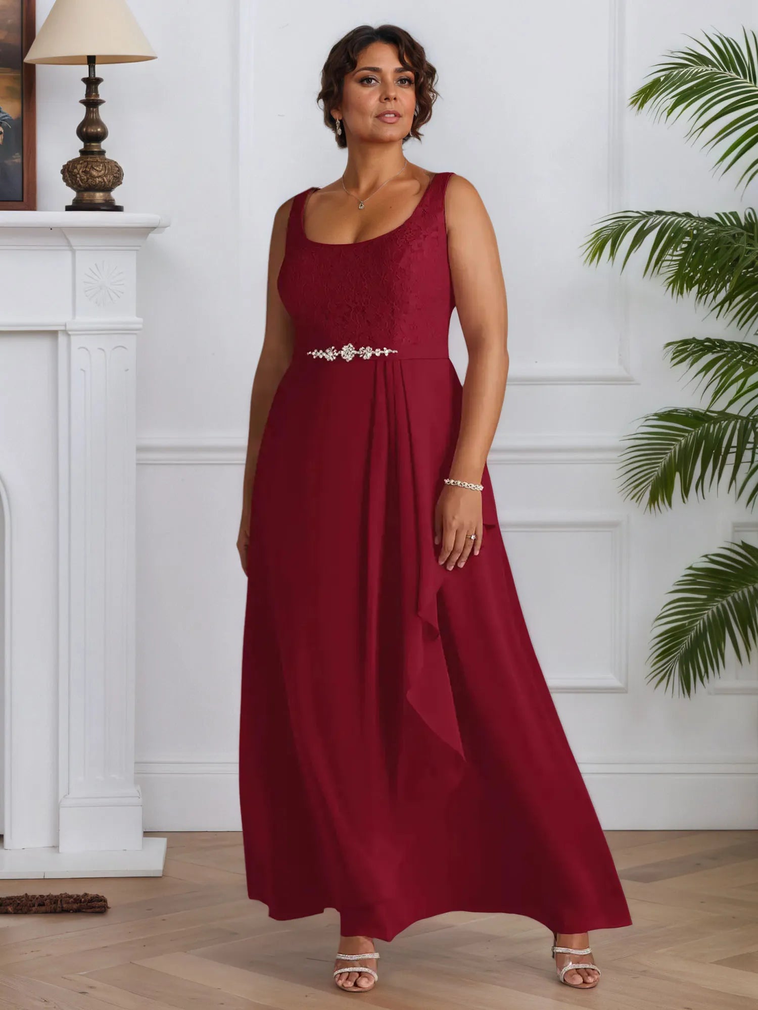 A-Line Square Neckline Lace Chiffon Mother of the Bride Dress