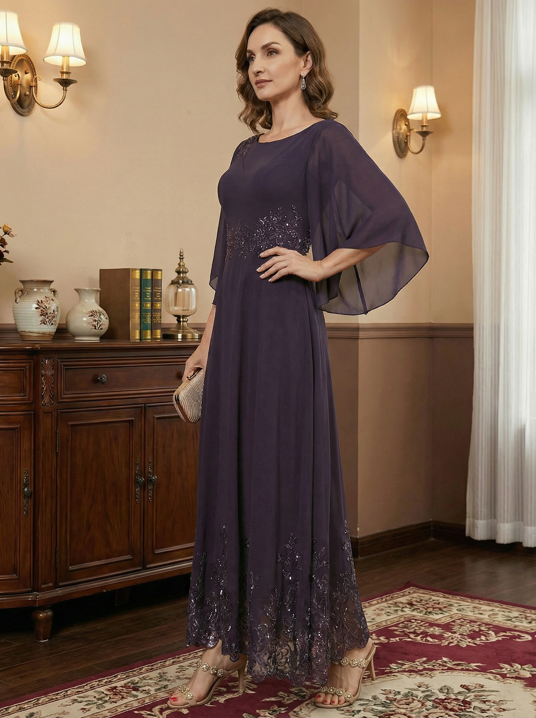 A-line Scoop Illusion Ankle-Length Lace Chiffon Mother of the Bride Dress With Sequins