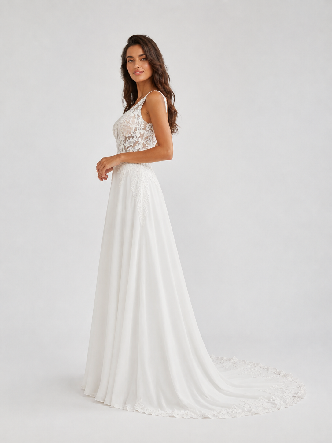 Elegant Deep V-Neck Lace Applique Chiffon A-Line Wedding Dress with Chapel Train