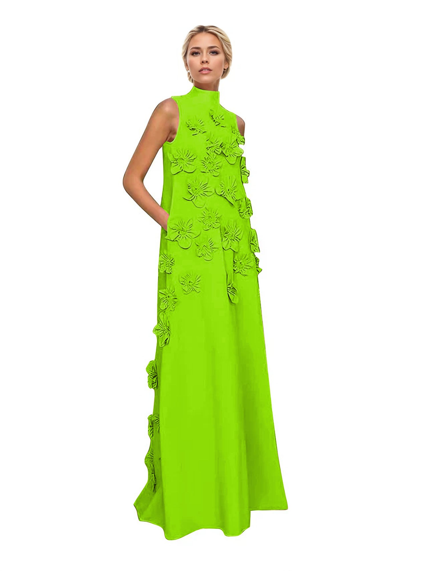 Dreamylily Women A Line High Neck Sleeveless Floor Length Stretch Crepe Dress With 3D Flowers Dreamylily Women A Line High Neck Sleeveless Floor Length Stretch Crepe Dress With 3D Flowers