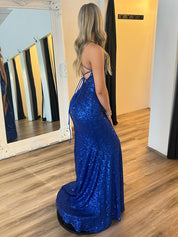 Royal Blue Mermaid Spaghetti Straps Sequin Long Prom Dress with Slit