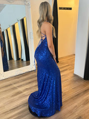 Royal Blue Mermaid Spaghetti Straps Sequin Long Prom Dress with Slit