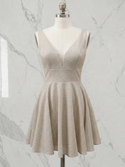 V-Neck Beaded Satin Short Homecoming Dress with Pleated Waist