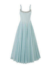 Blue Crystal Embellished Tulle Maxi Dress