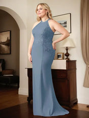 Dusty Blue Sheath Halter Long Mother of Bride Dress With Appliques