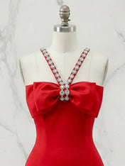 Sweetheart Bow Accent Rhinestone Strap Mini Dress Homecoming Dresses