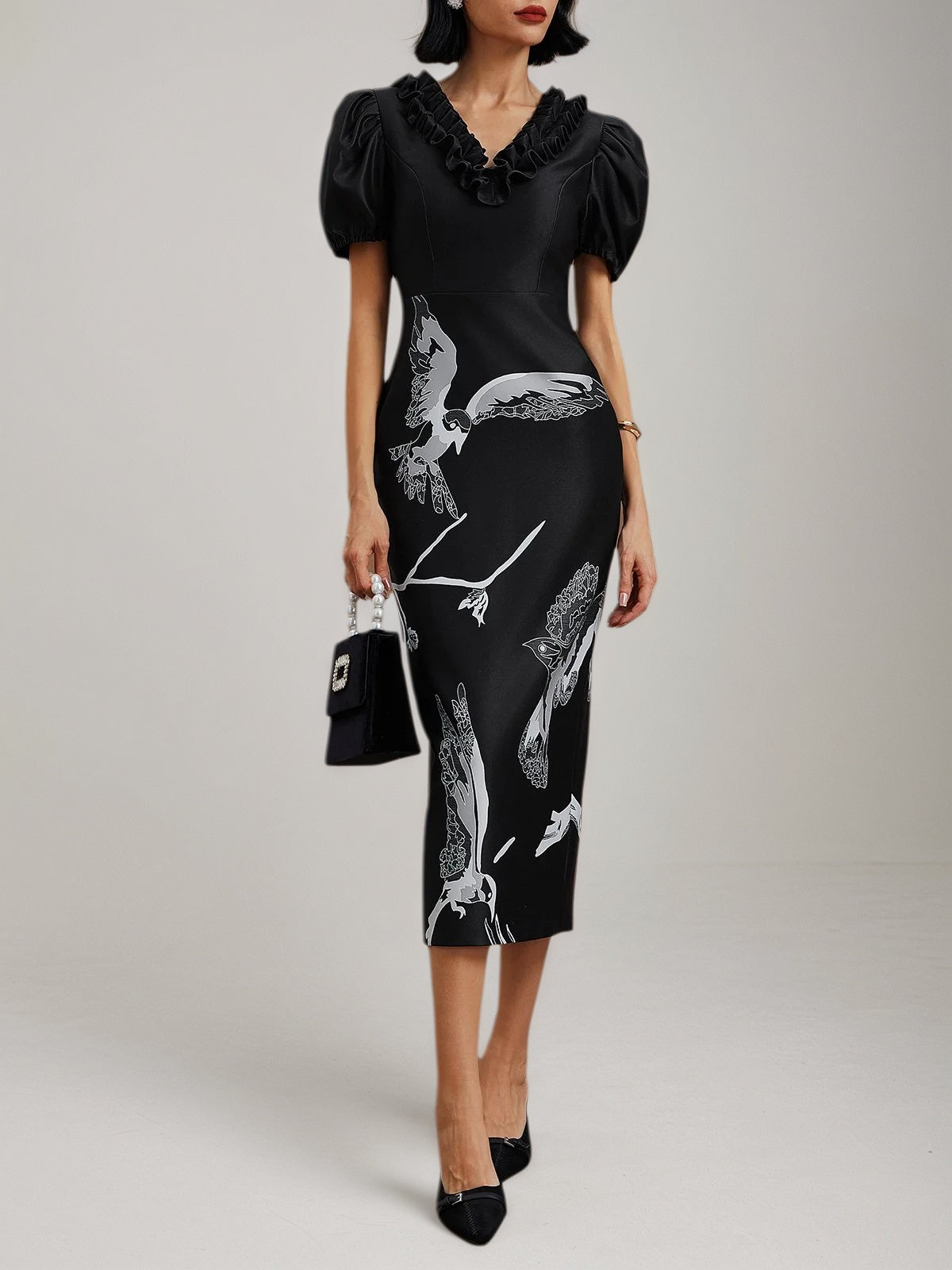 Black Folds V Neck Puff Sleeve Midi Sheath Dress