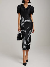 Black Folds V Neck Puff Sleeve Midi Sheath Dress