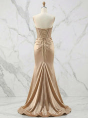 Glamorous Strapless Beaded Corset Satin Prom Dress with Slit