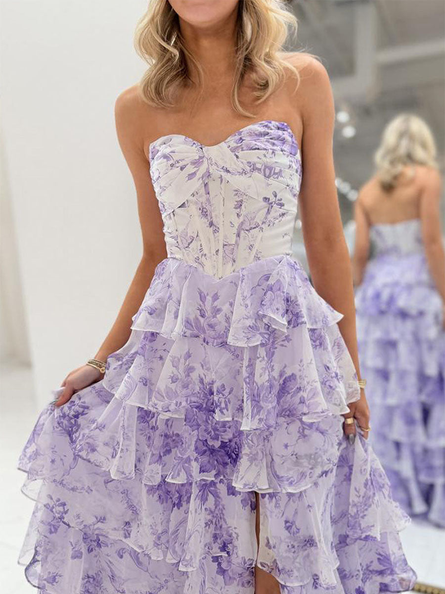 Whimsical Lilac Floral Tiered Ruffle Prom Dress with Slit